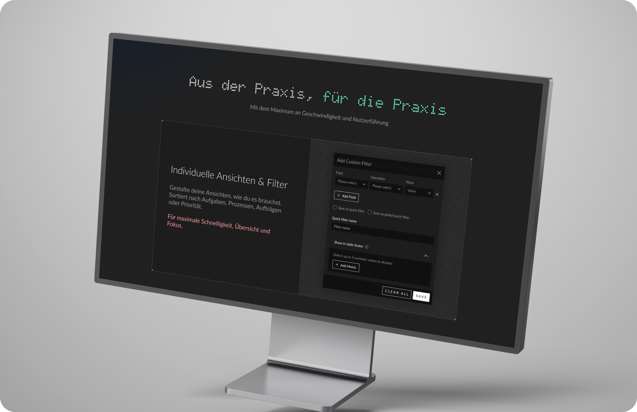Computer screen showing a German interface for custom filter creation with task sorting options.