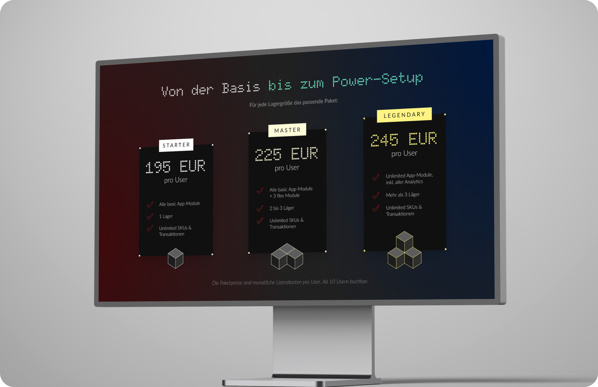 Pricing plans on screen: Starter 195 EUR, Master 225 EUR, Legendary 245 EUR, all per user with features.
