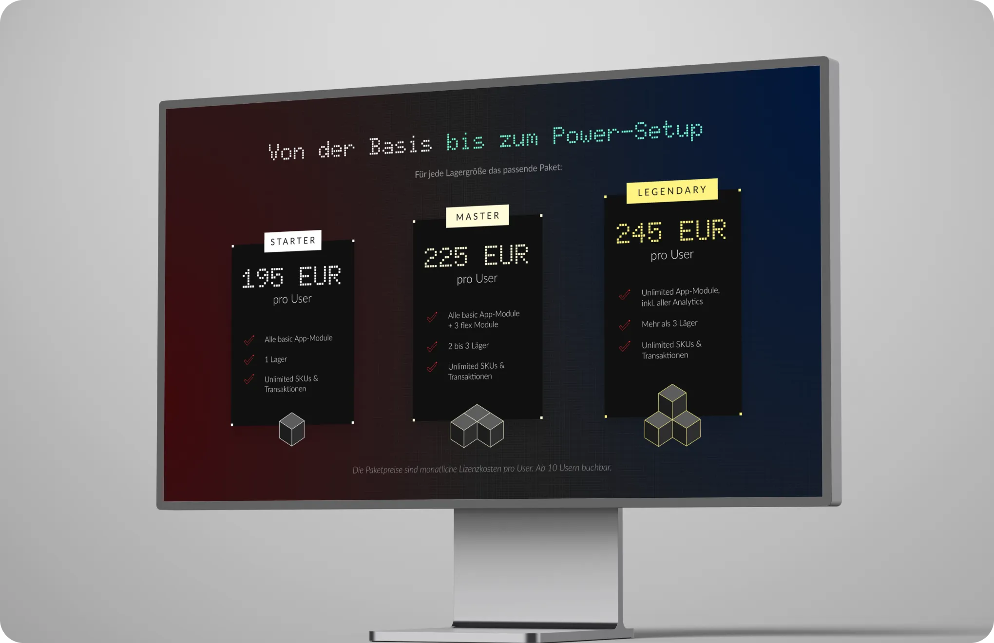 Pricing plans on screen: Starter 195 EUR, Master 225 EUR, Legendary 245 EUR, all per user with features.