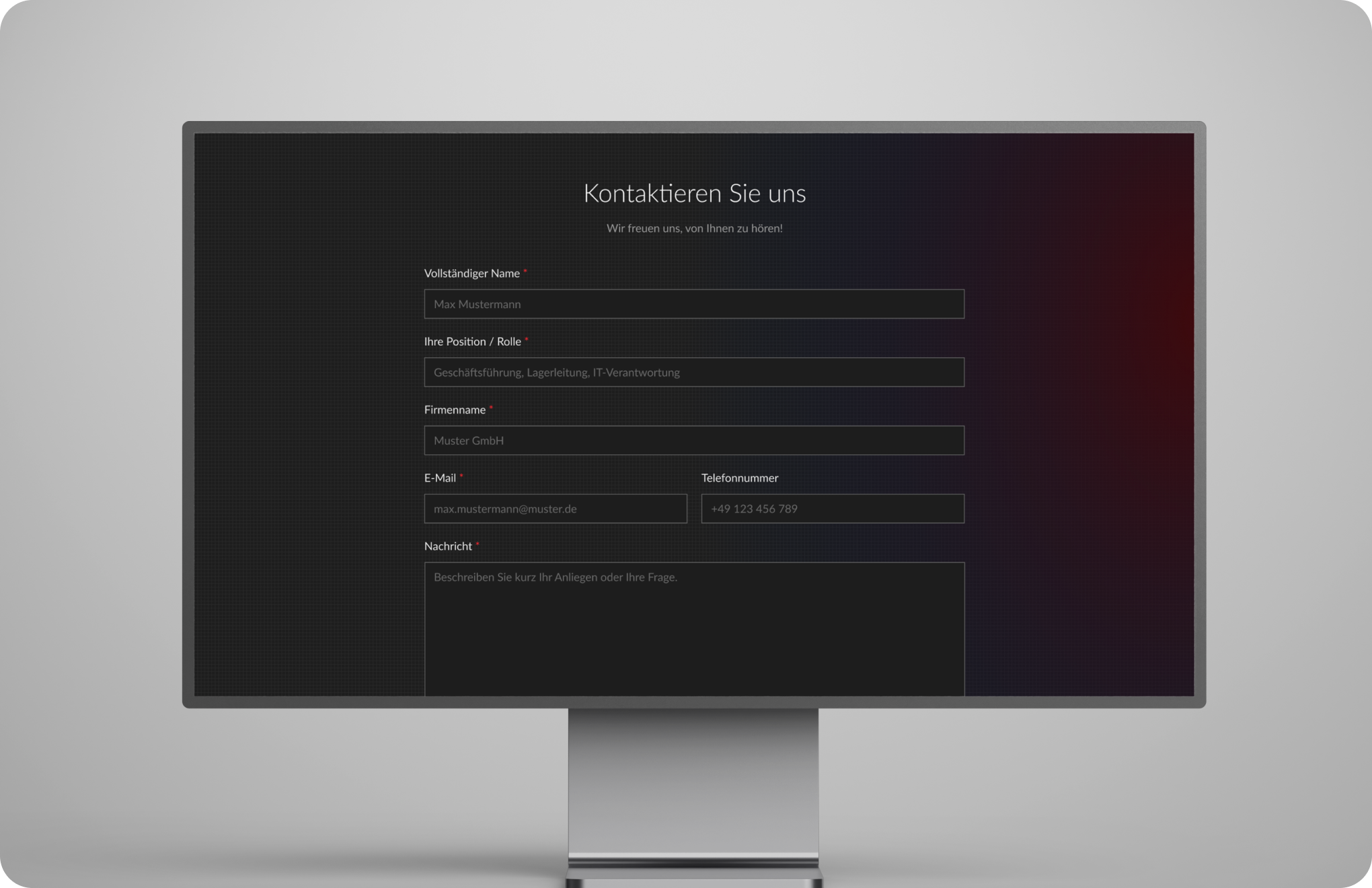 Contact form fields on a dark screen, including full name, role, company, email, phone, and message.
