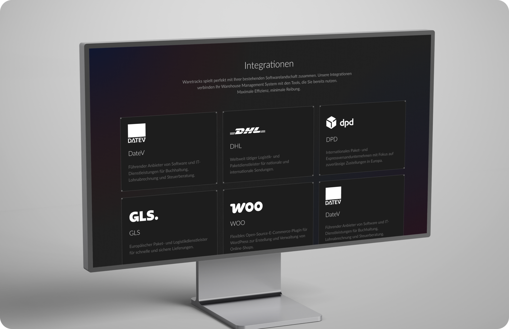 Computer screen showing software integrations with DateV, DHL, DPD, GLS, and WooCommerce logos and descriptions.