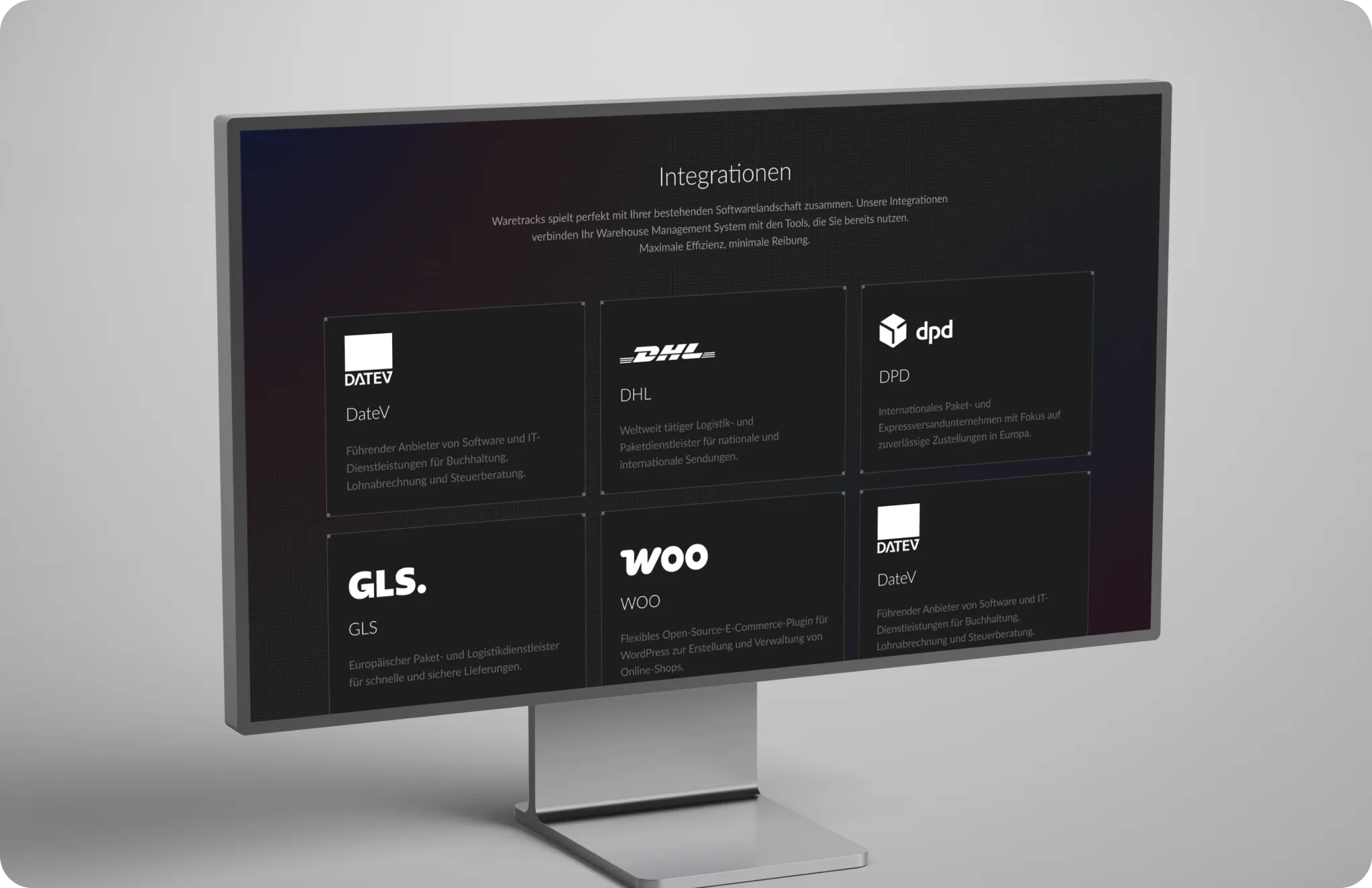 Computer screen showing software integrations with DateV, DHL, DPD, GLS, and WooCommerce logos and descriptions.