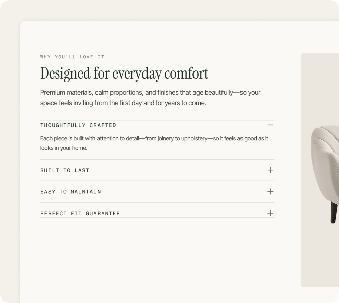 Text describing furniture designed for comfort, with sections on craftsmanship, durability, maintenance, and fit guarantee.