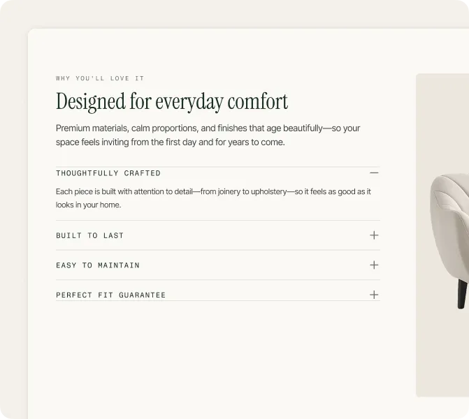 Text describing furniture designed for comfort, with sections on craftsmanship, durability, maintenance, and fit guarantee.