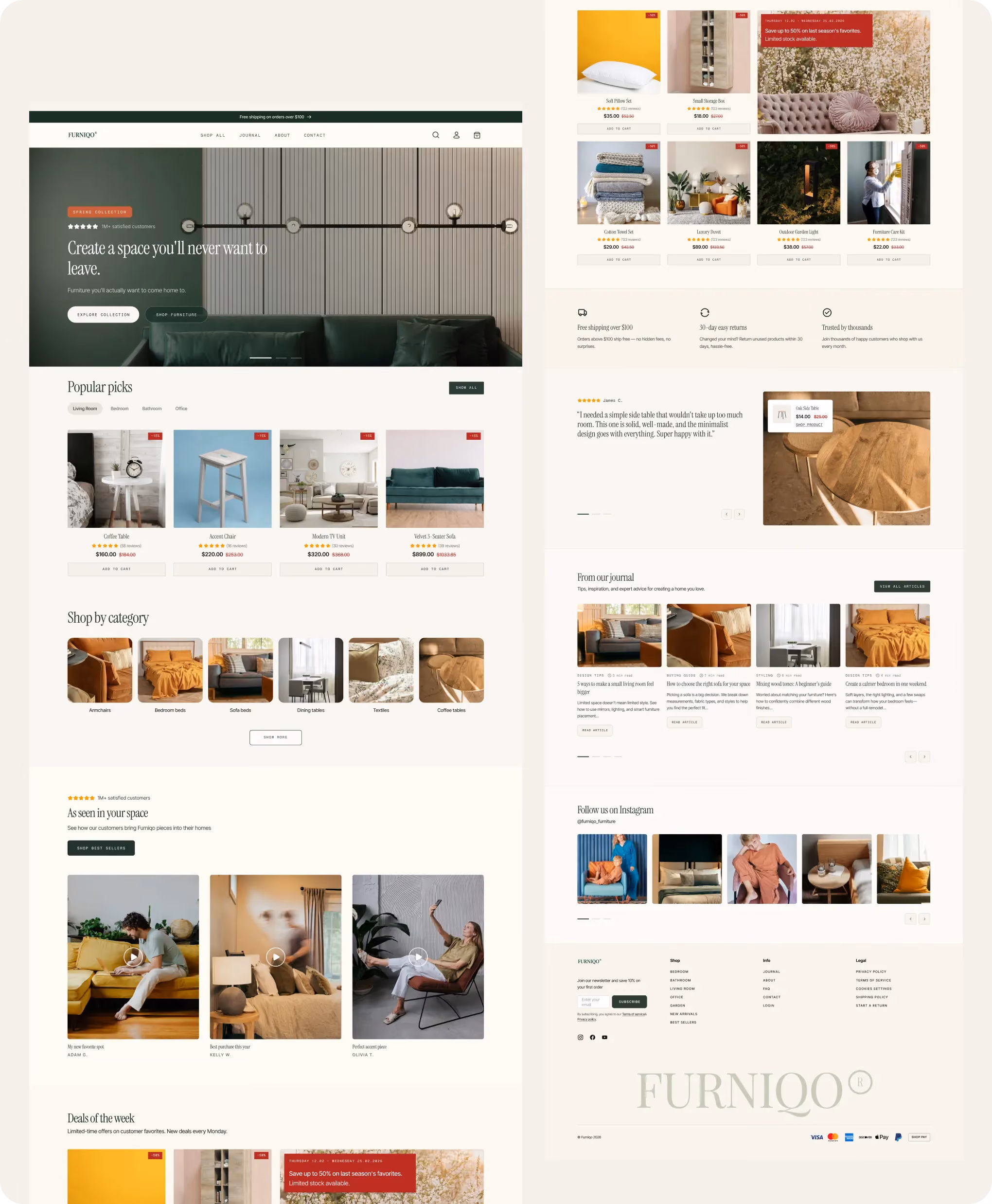 Furniture website homepage with product categories, popular picks, deals, reviews, journal, and Instagram feed.