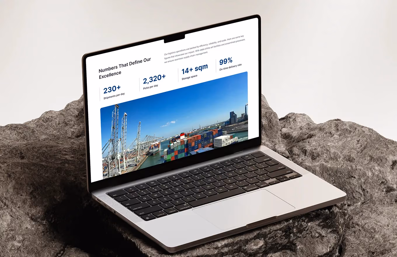 Laptop screen shows logistics data with shipments, picks, storage space, and delivery rate plus port photo.