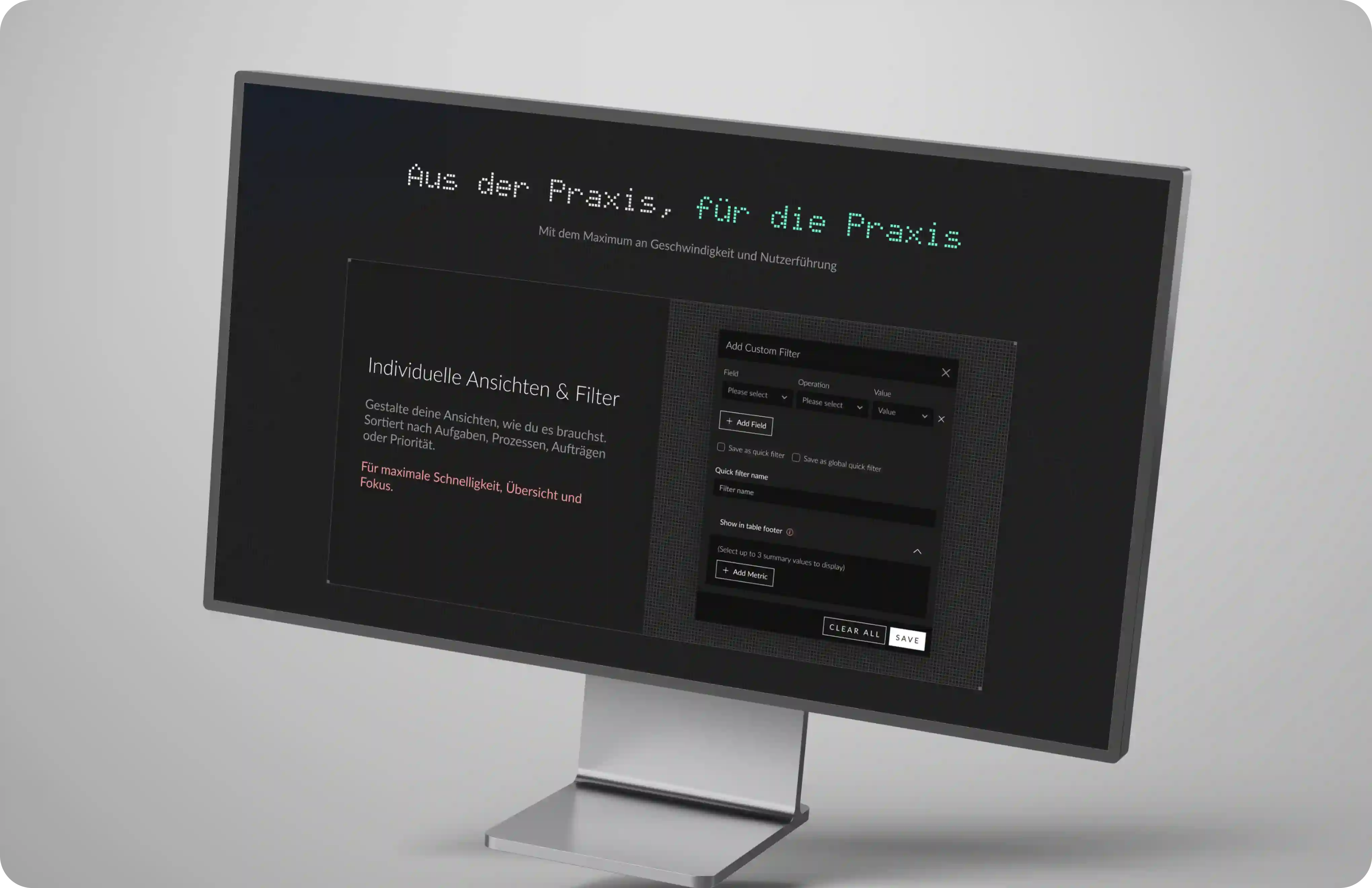 Computer screen showing a German interface for custom filter creation with task sorting options.