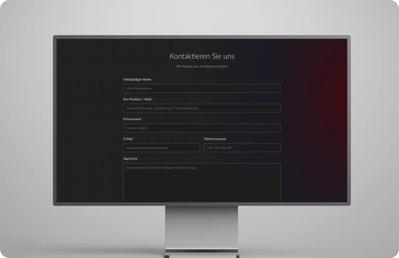 Contact form fields on a dark screen, including full name, role, company, email, phone, and message.