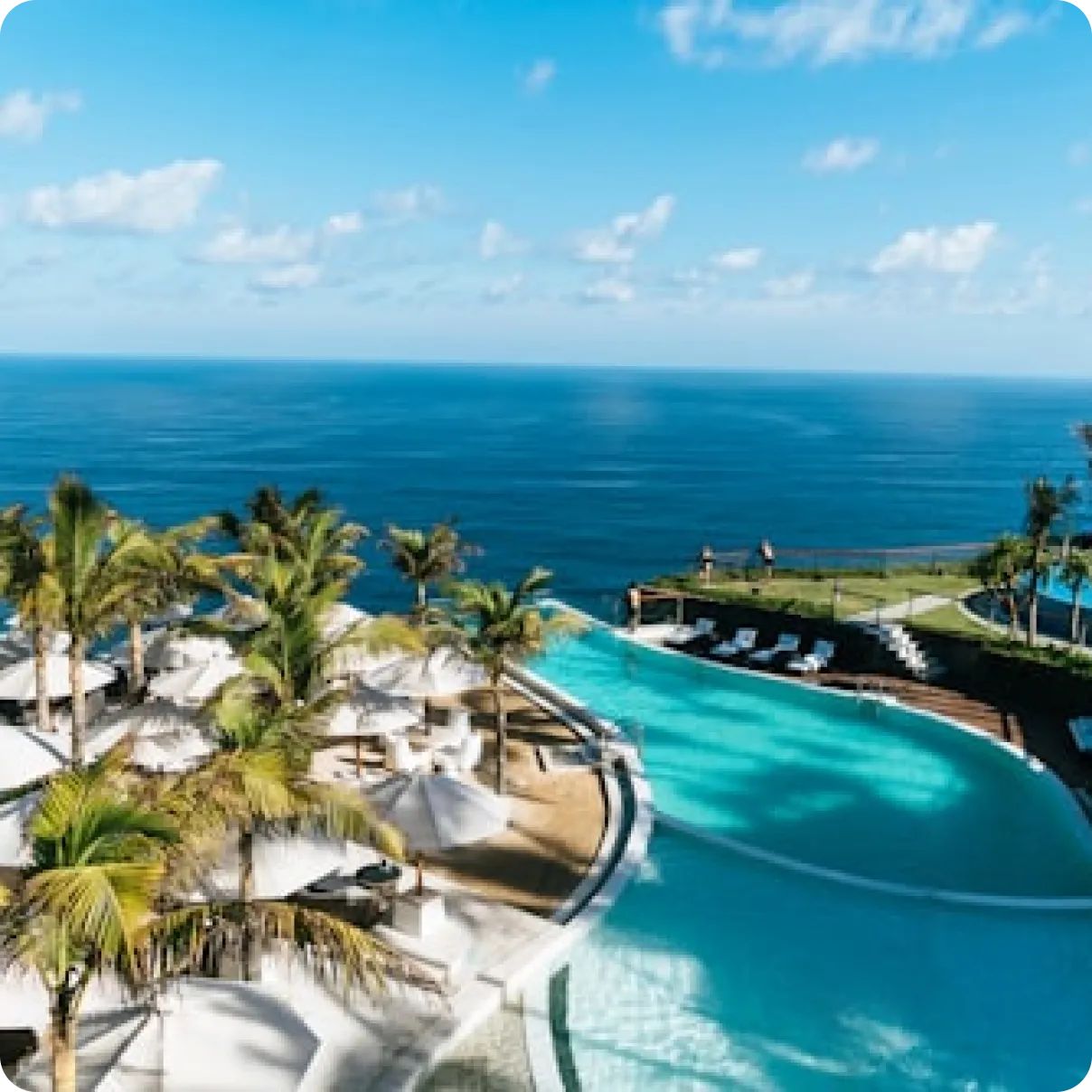 Aerial view of an oceanfront infinity pool resort with palm trees and white lounge umbrellas