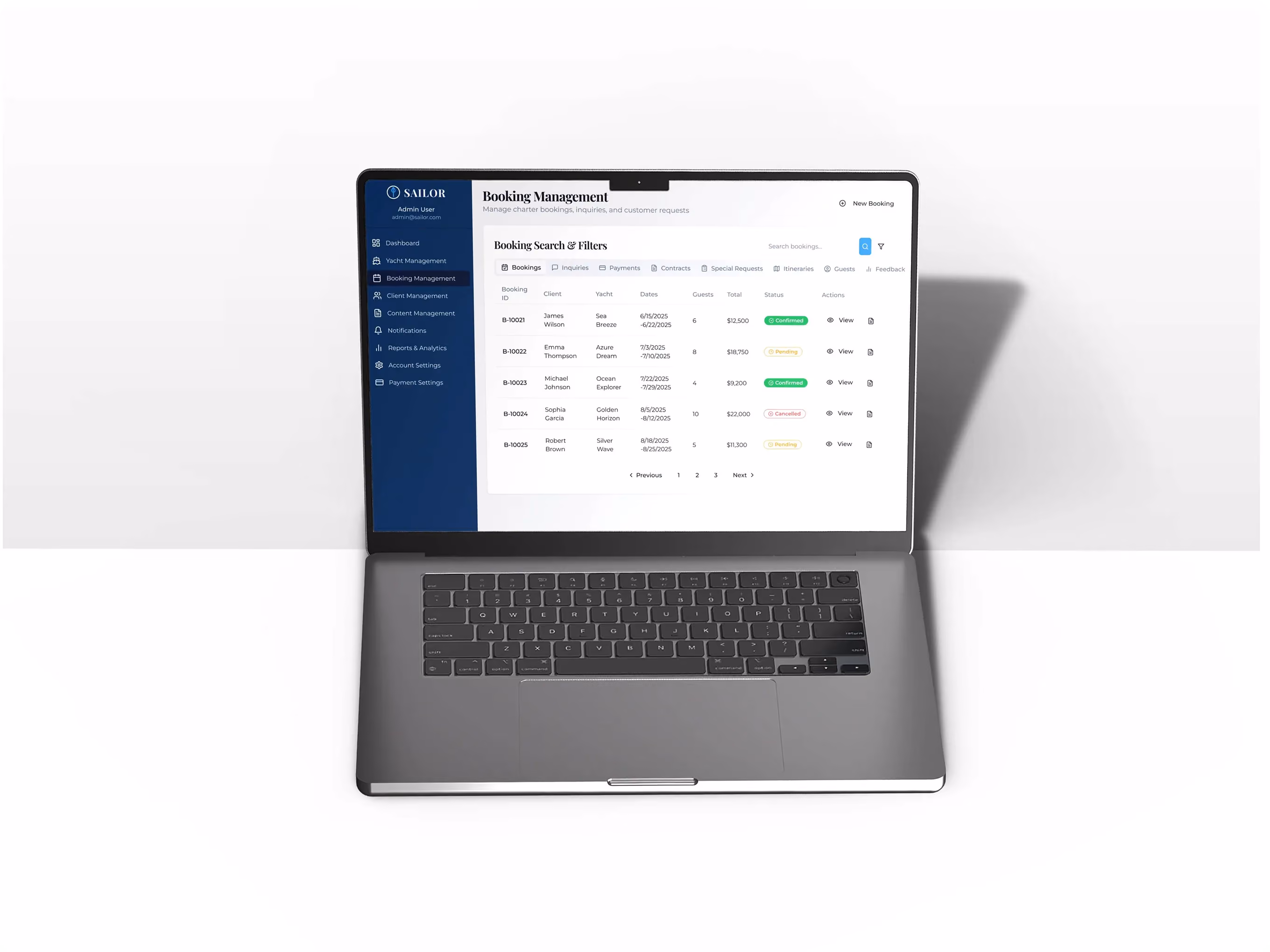 Laptop displaying the Sailor booking management screen with search filters and a list of charter bookings and statuses