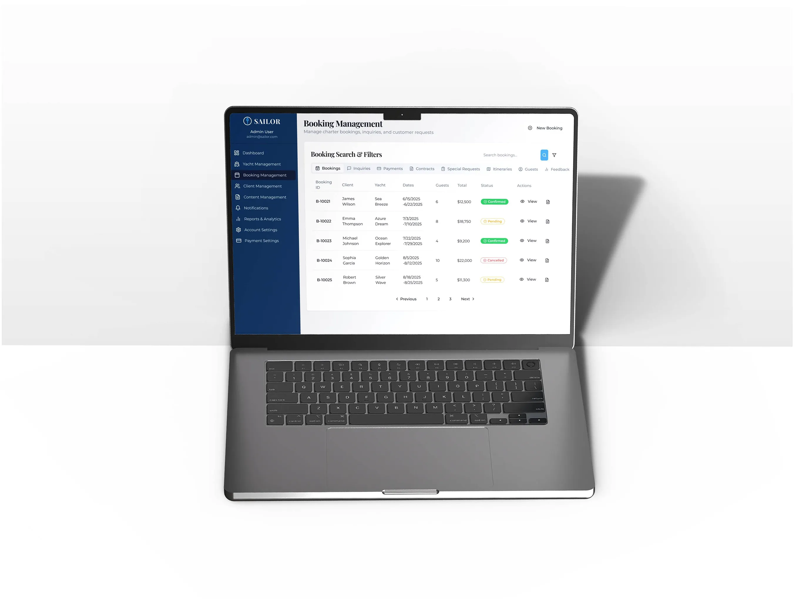 Laptop displaying the Sailor booking management screen with search filters and a list of charter bookings and statuses