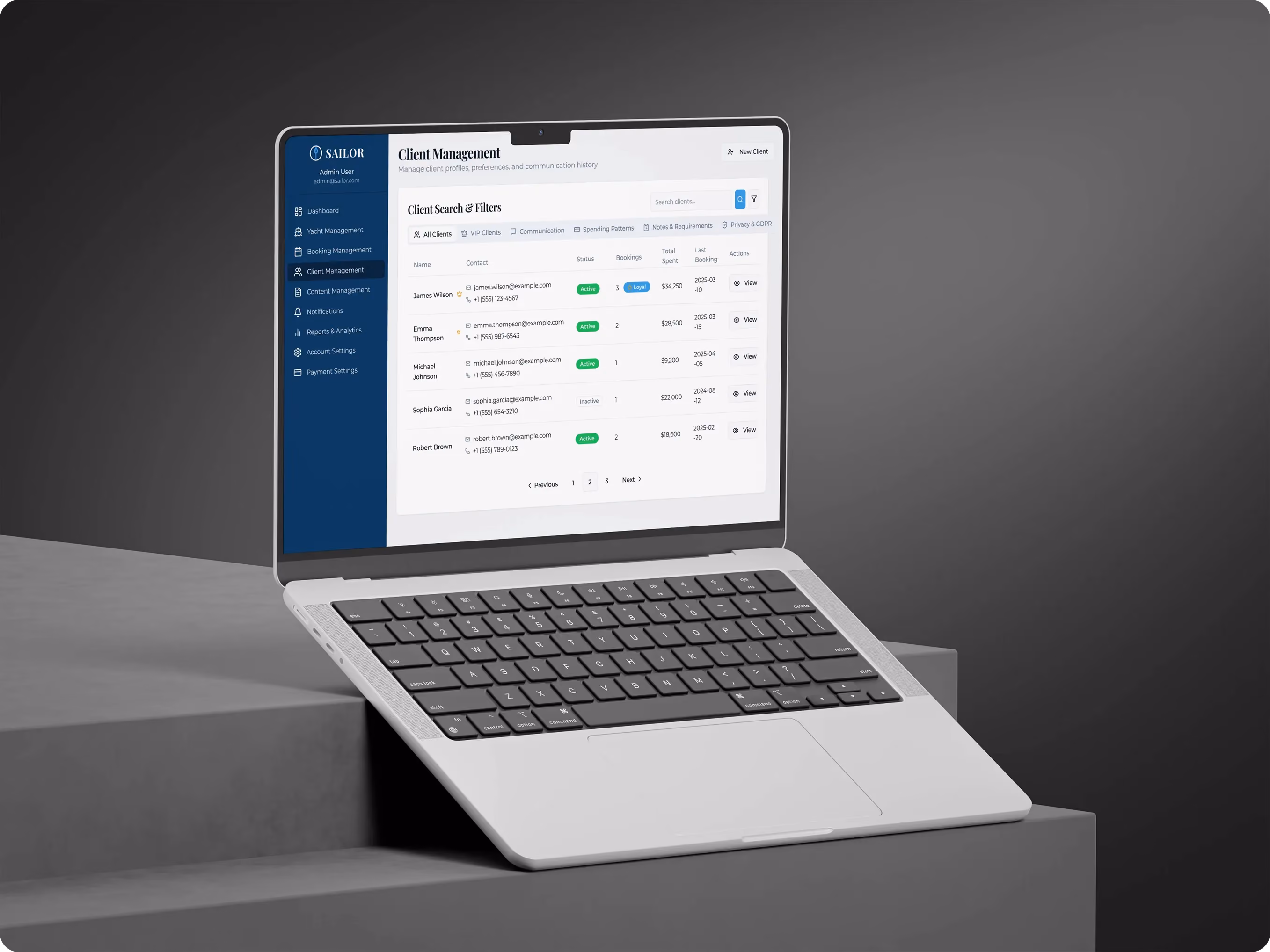 Laptop displaying the Sailor client management screen listing client contacts, booking counts and total spend