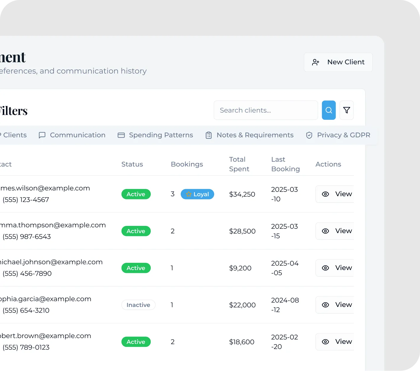 Sailor client management dashboard screen showing a searchable client list with contact details, status, bookings and total spend