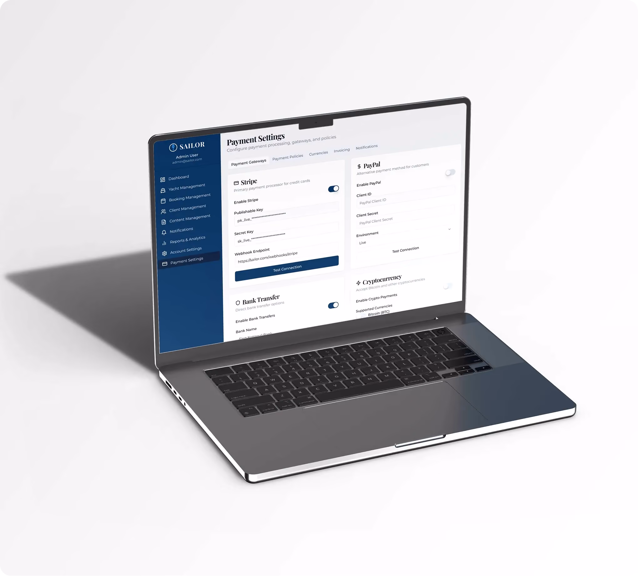 Laptop displaying the Sailor payment settings screen with Stripe, PayPal, bank transfer and cryptocurrency payment options