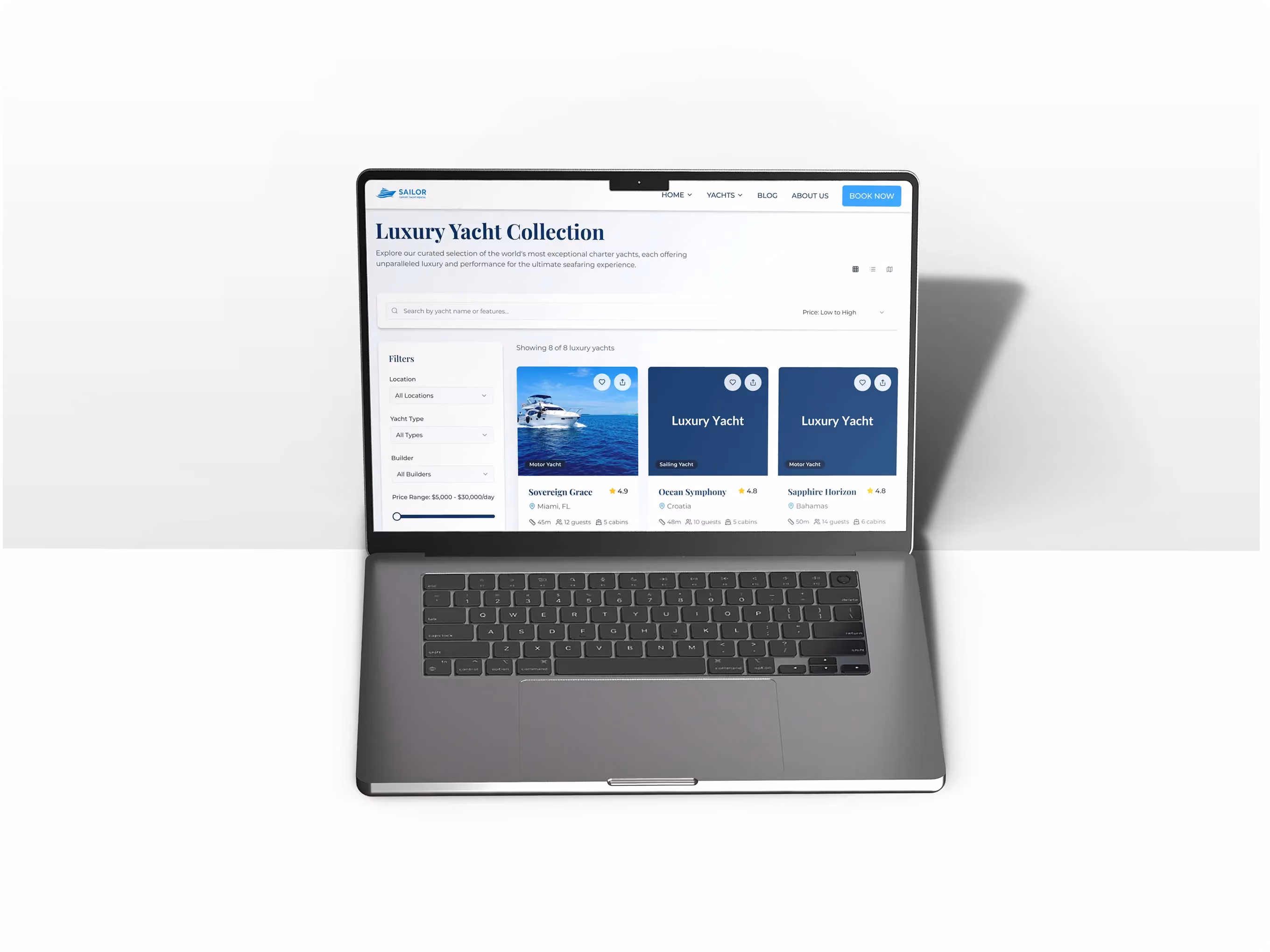 Laptop displaying the Sailor website's Luxury Yacht Collection page with yacht listings and filters