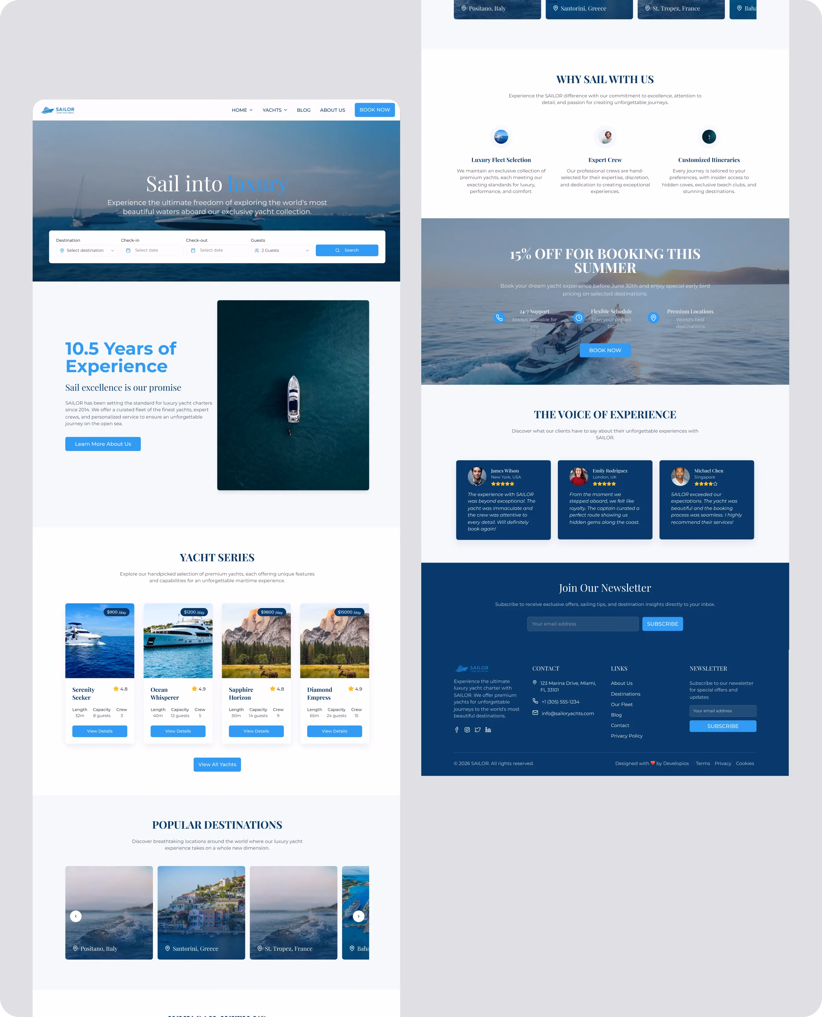 Desktop and mobile views of the Sailor homepage showing the yacht hero banner, experience highlights, yacht series and popular destinations