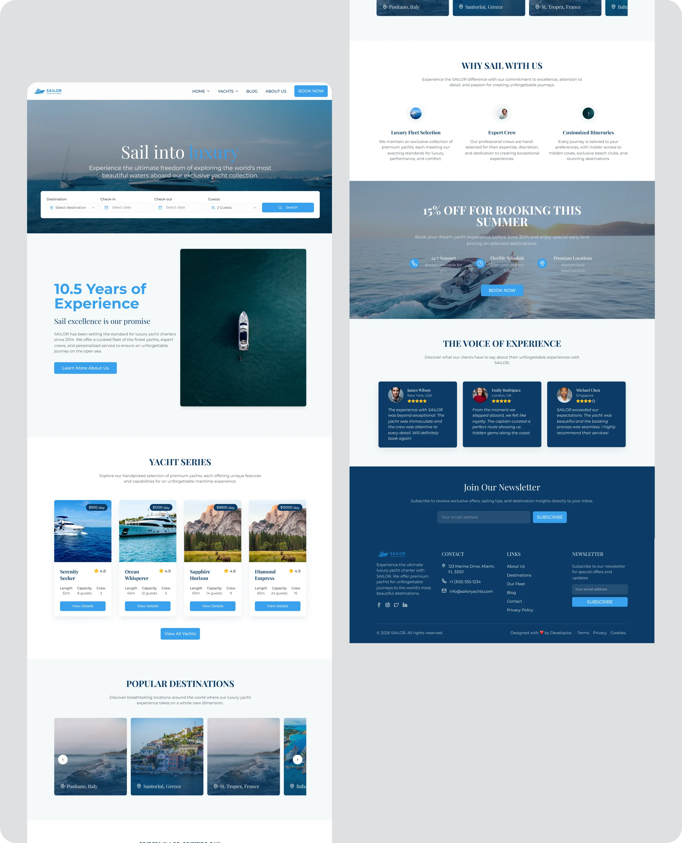 Desktop and mobile views of the Sailor homepage showing the yacht hero banner, experience highlights, yacht series and popular destinations