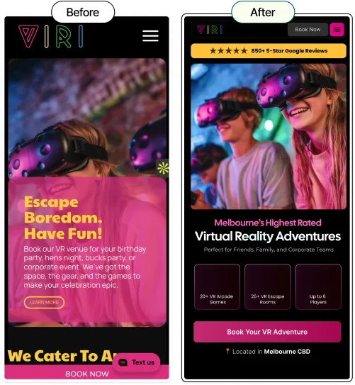 Side-by-side mobile site before and after showing VR adventures with booking and reviews.
