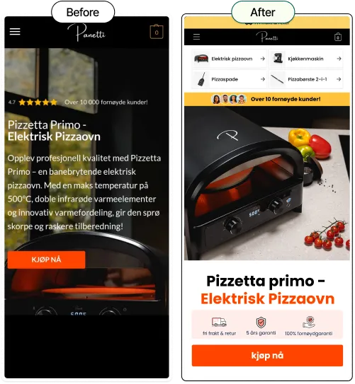 Before and after views of Panetti’s Pizzetta Primo electric pizza oven product page on mobile.