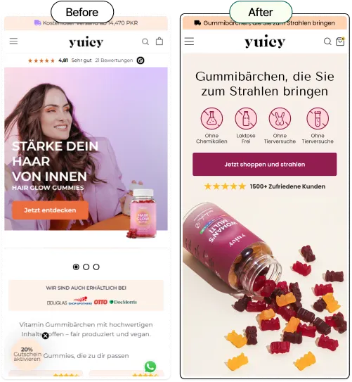 Side-by-side mobile views: woman with hair glow gummies and bottle spilling colorful gummy bears.