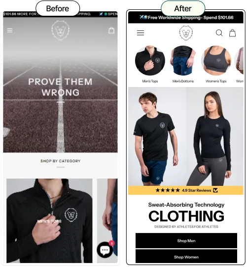 Side-by-side mobile screens showing before and after website homepage redesign for athletic clothing.