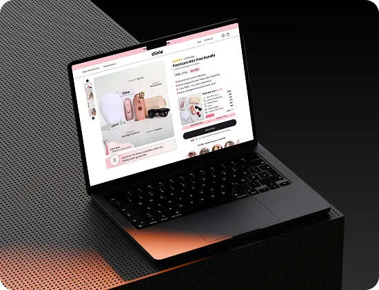 Laptop displaying an online store page for a pink premium hair removal bundle with images and product details.