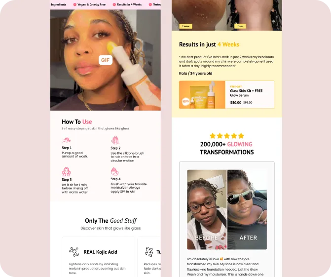 Sugar Baby product detail page with usage steps and before/after results
