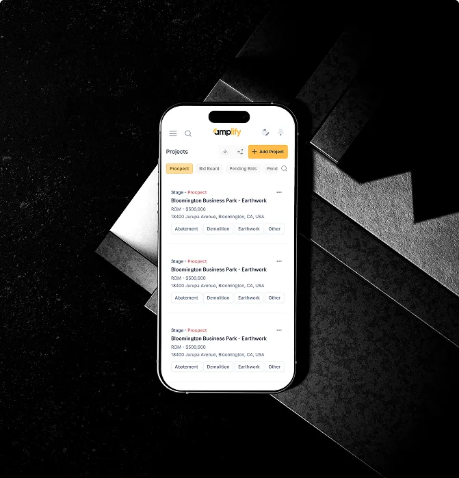 Smartphone displaying project list on Amplify app with multiple identical construction projects.