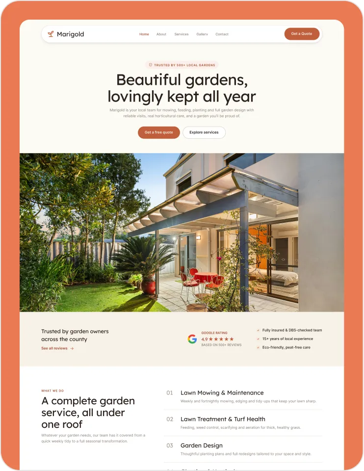 Marigold garden care website designed and built by Developios