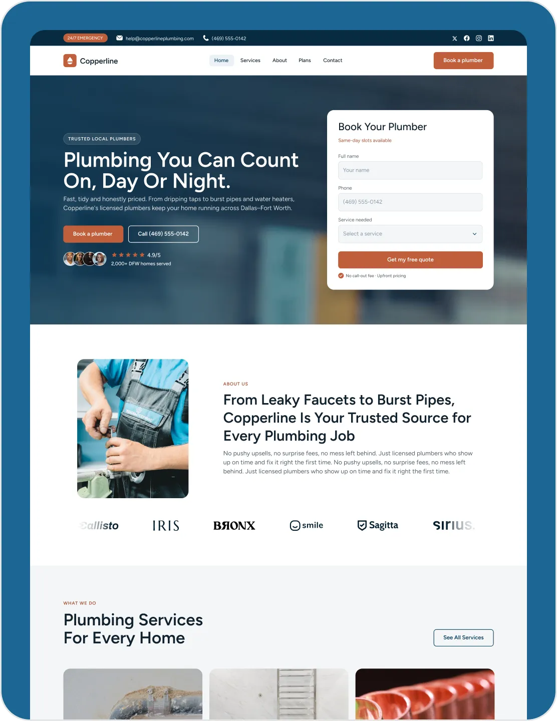 Copperline emergency plumbing website designed and built by Developios