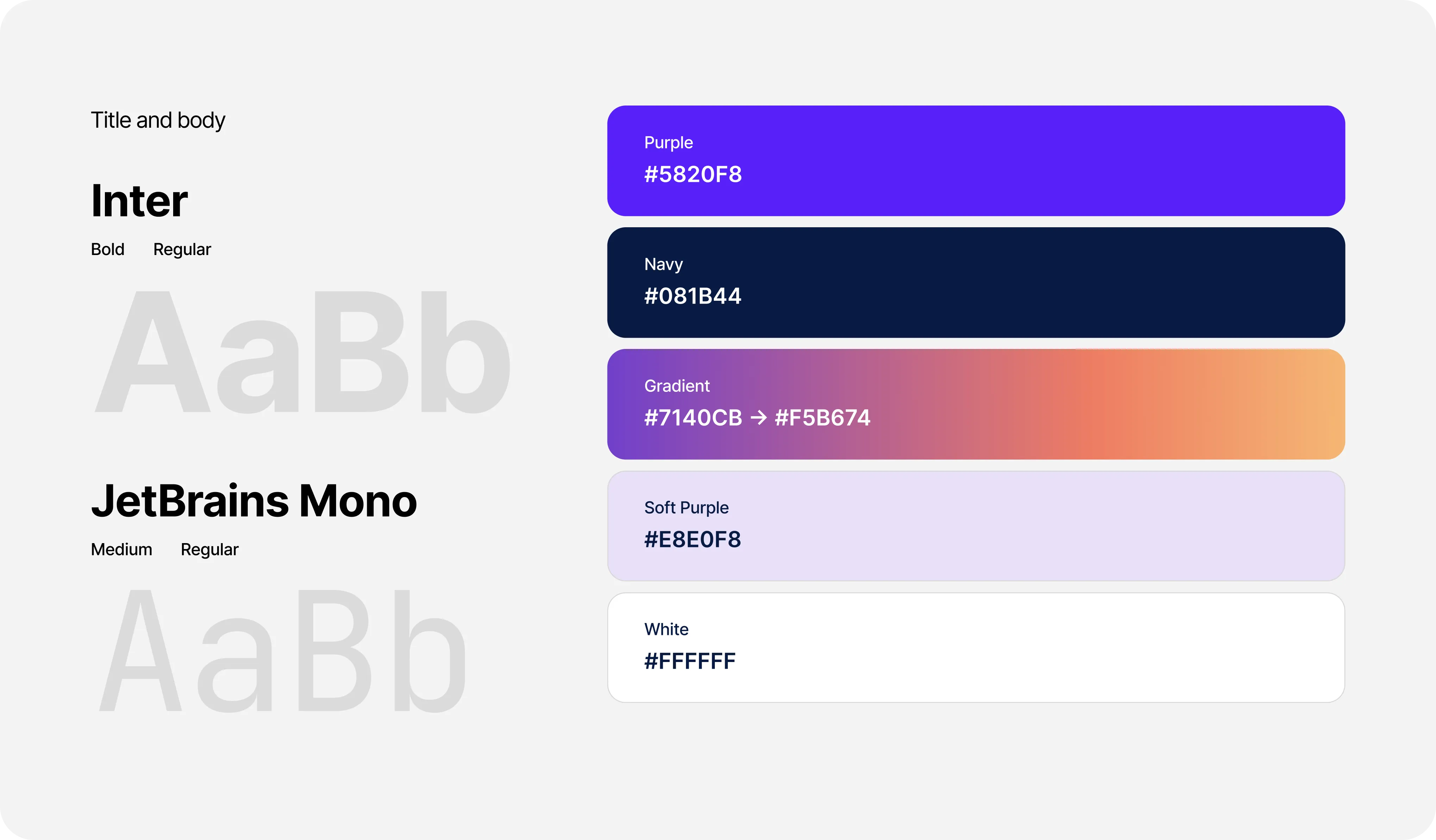 Briefly design system sheet showing the Inter and JetBrains Mono type ramp beside the purple, navy, gradient, soft purple and white colour palette