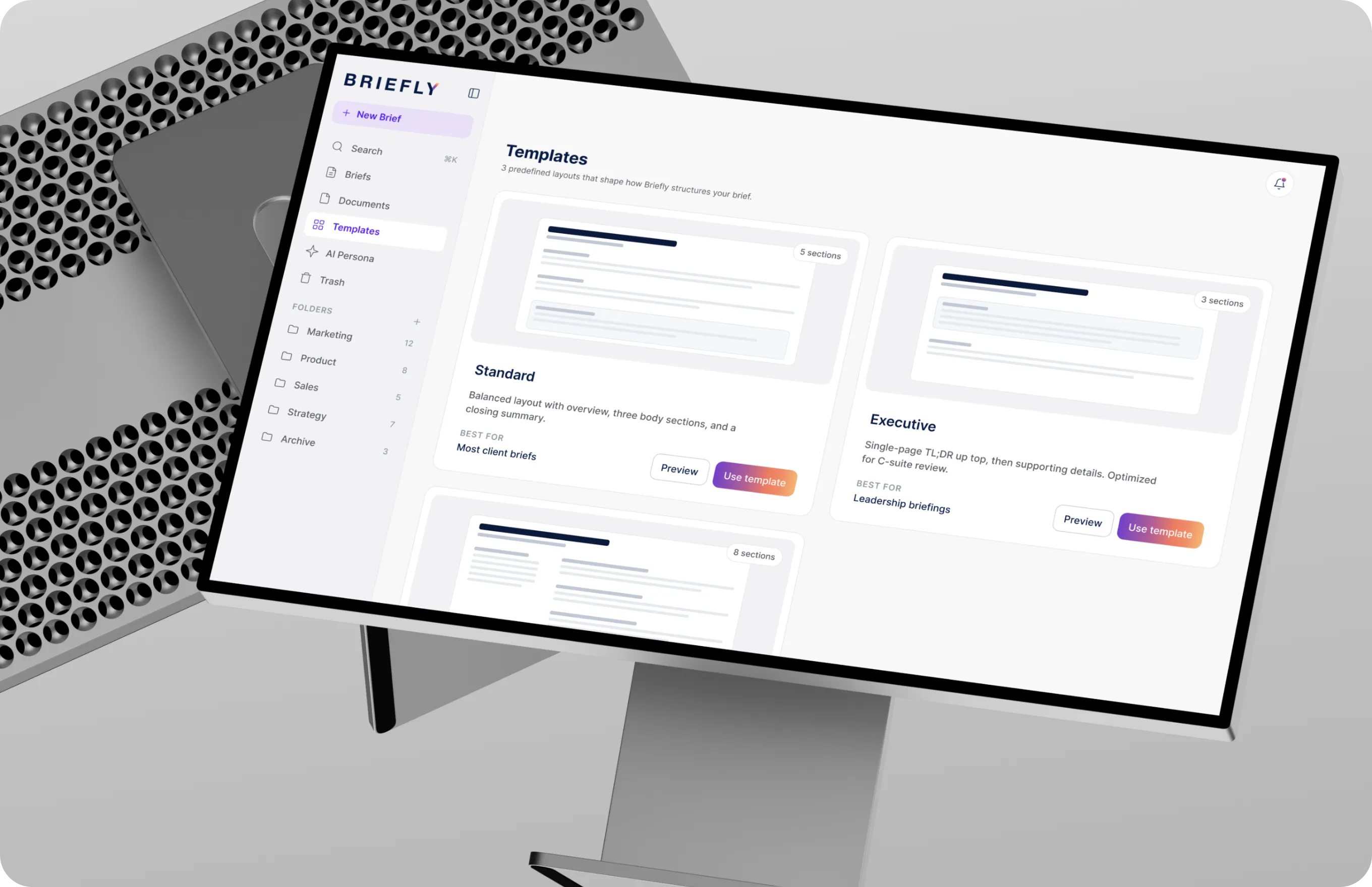Briefly Templates screen comparing the Standard, Executive and detailed brief layouts with their section counts