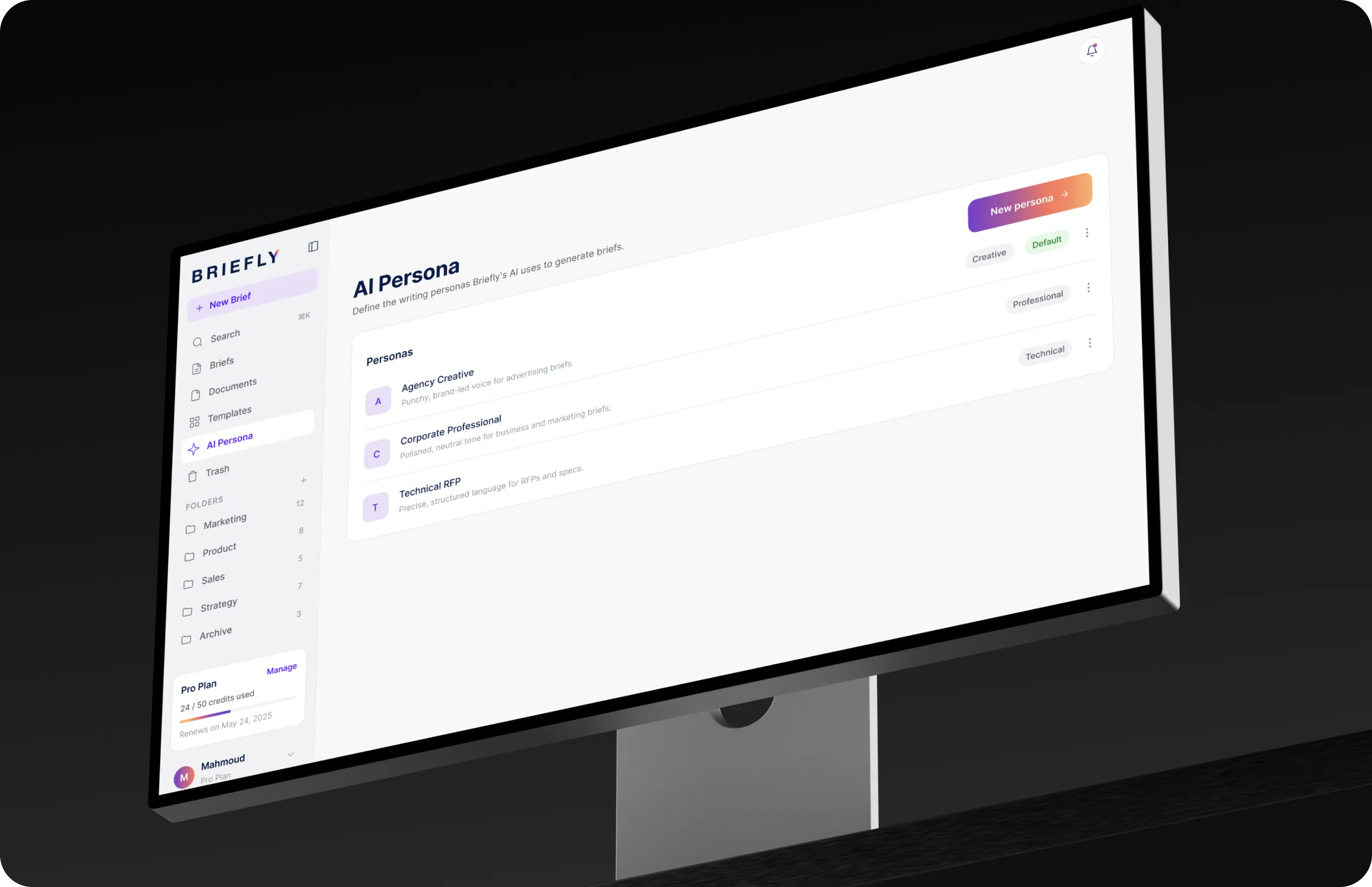Briefly AI Persona screen listing the Agency Creative, Corporate Professional and Technical RFP writing personas