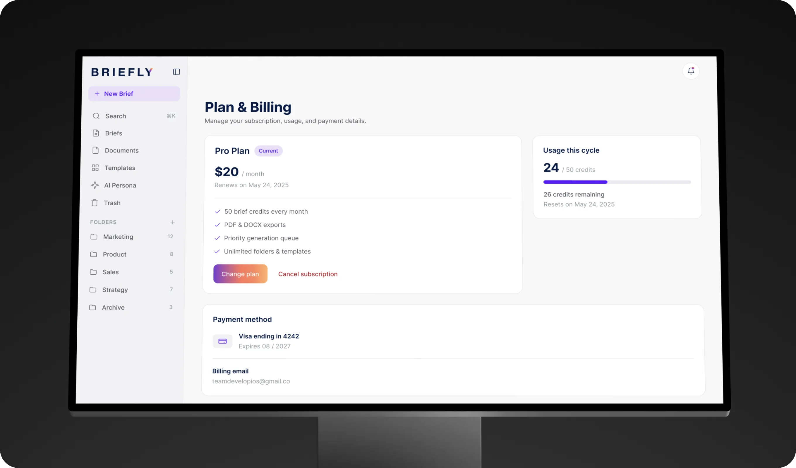 Briefly Plan and Billing screen showing the Pro plan, credits used this cycle and the saved payment method