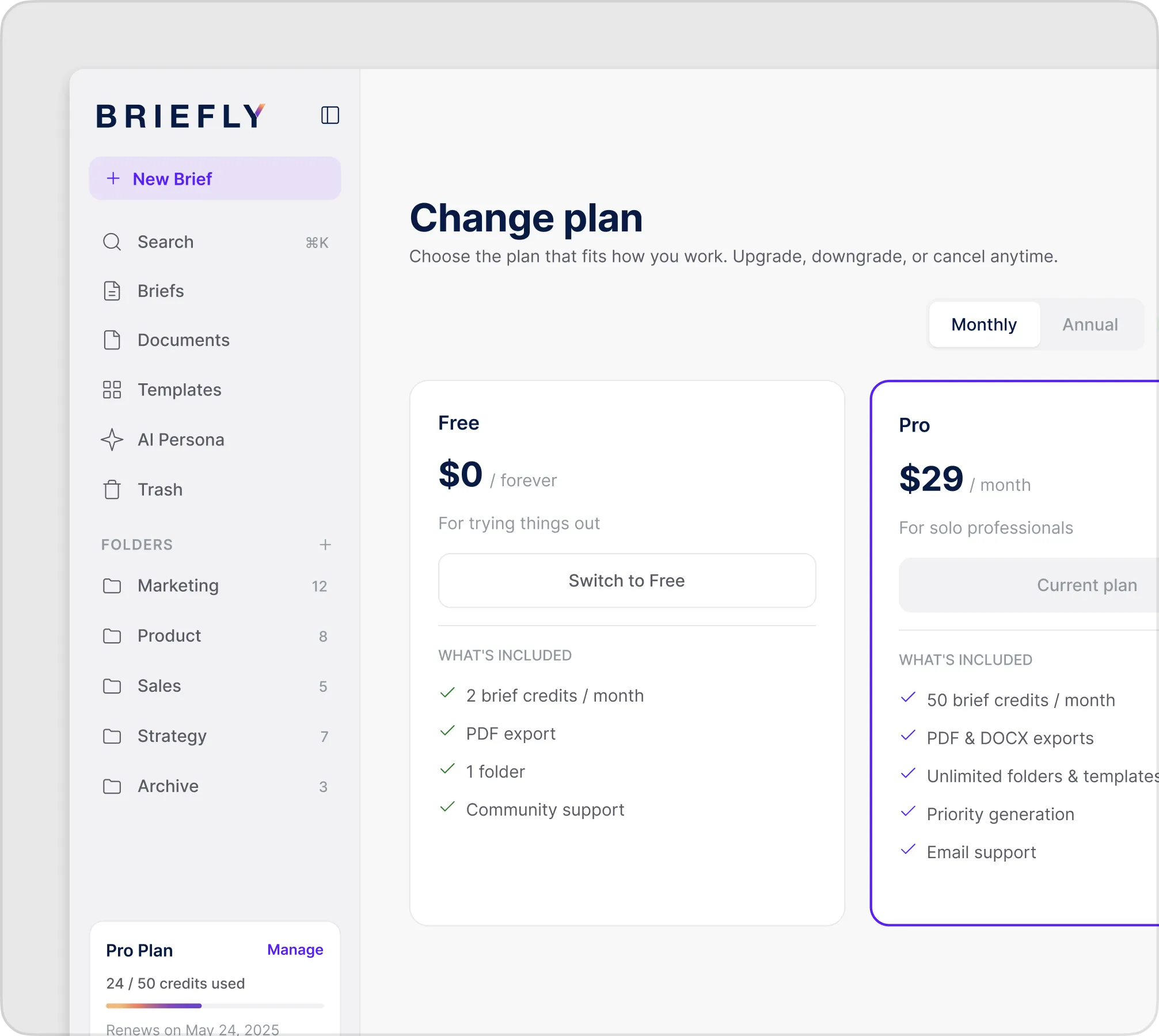 Briefly Change plan screen comparing the Free and Pro tiers with monthly and annual pricing and included features