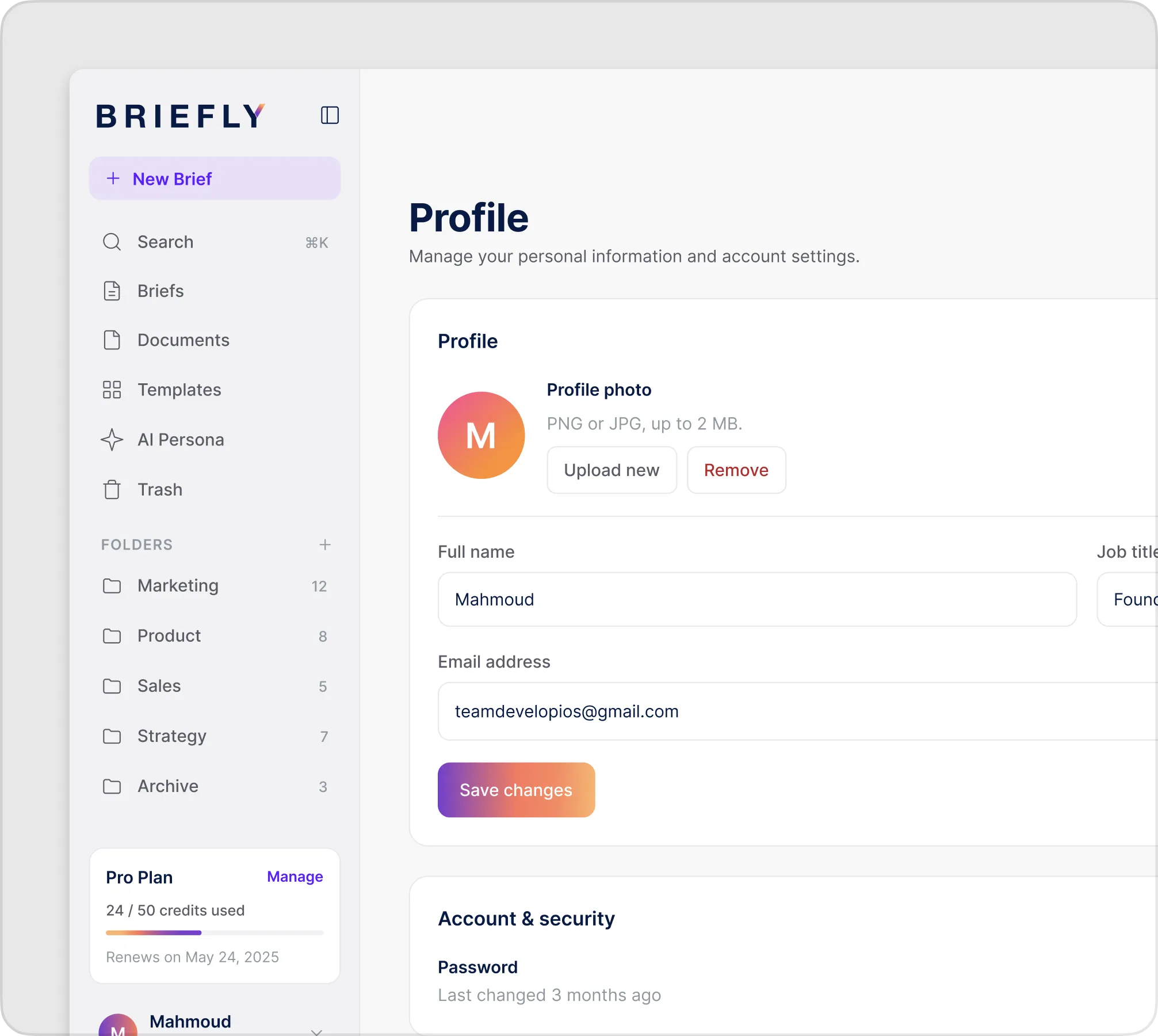 Briefly Profile screen with profile photo upload, name and email fields and account security settings