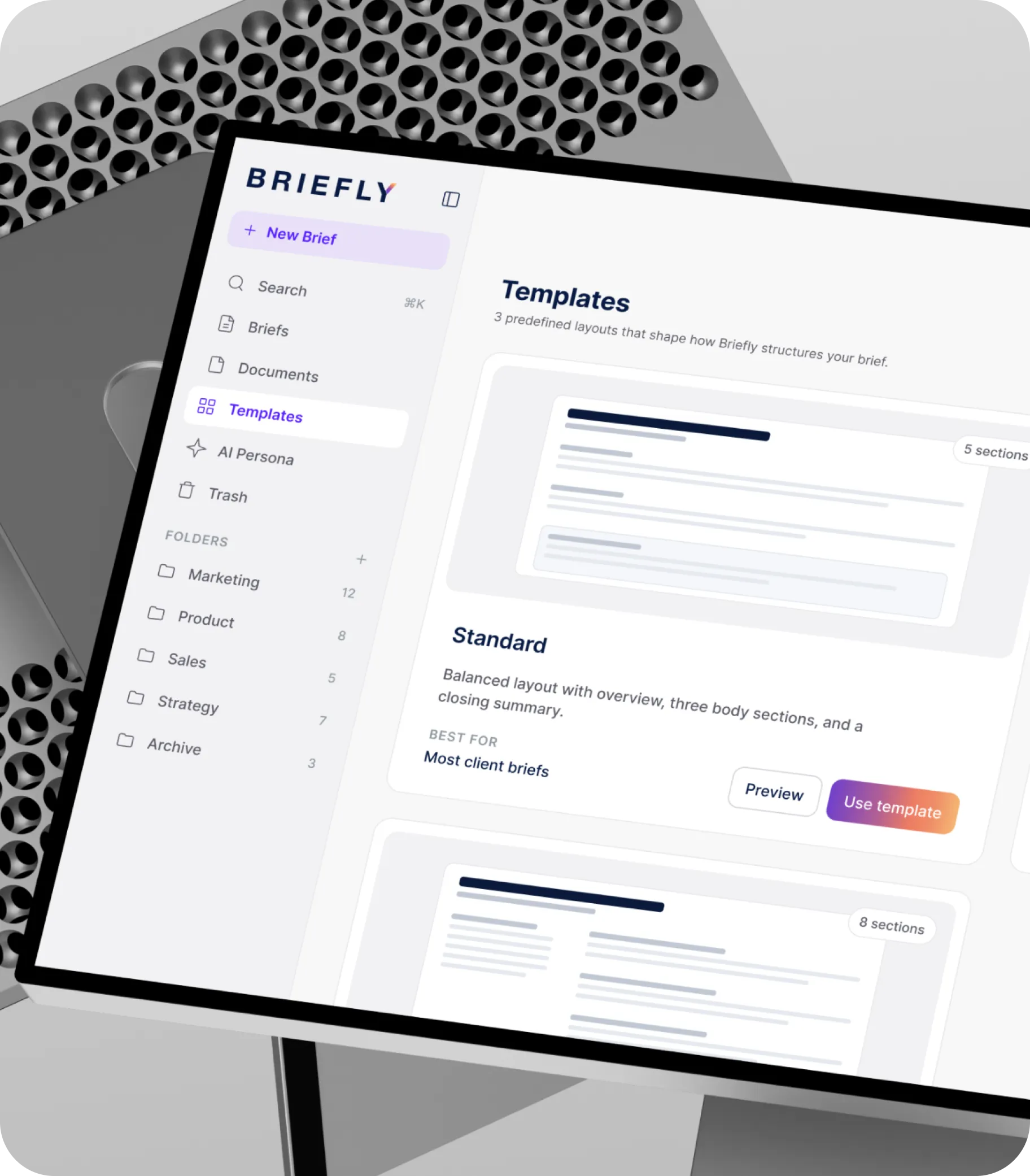 Briefly Templates screen showing predefined brief layouts with section counts and Use template buttons