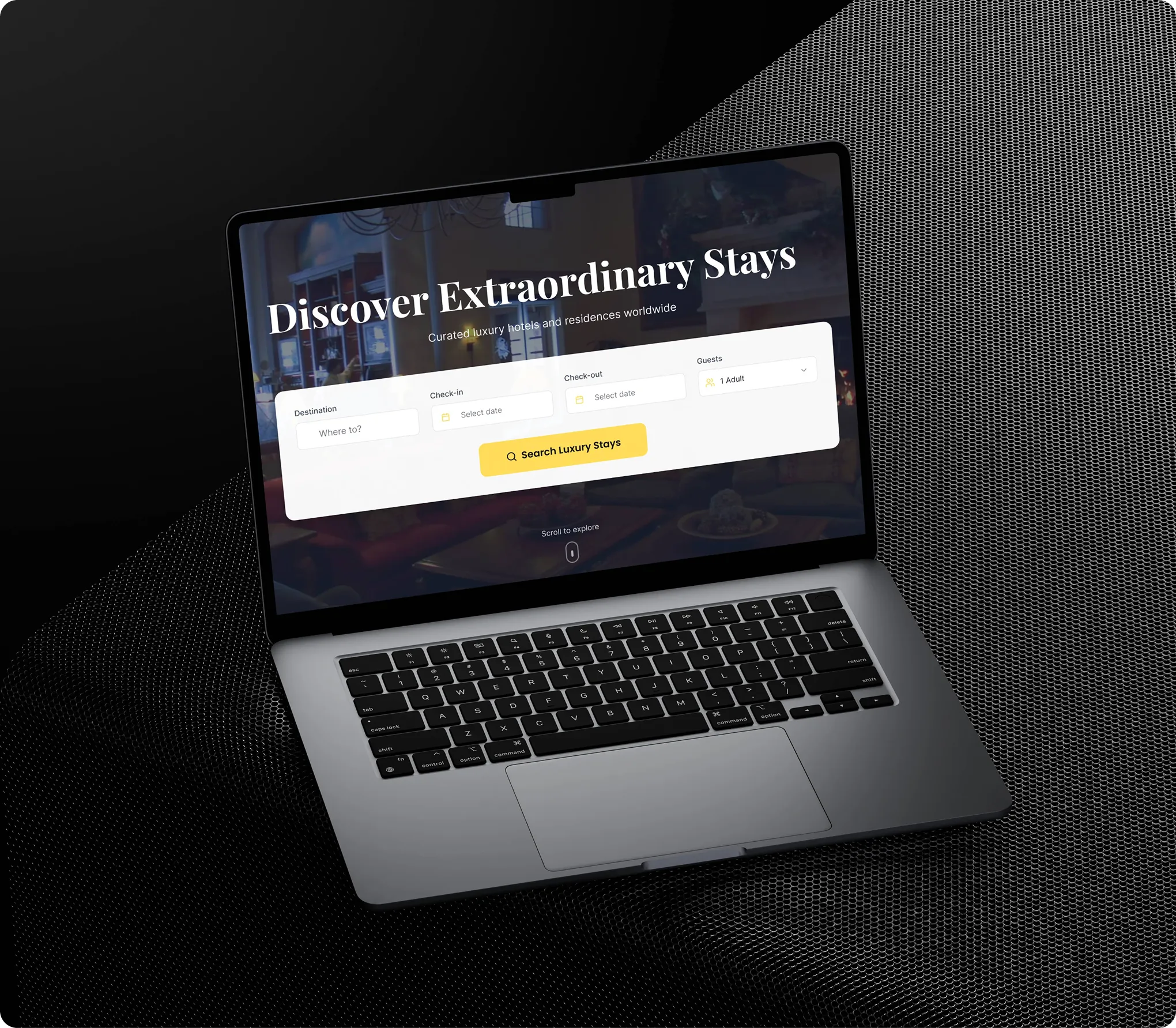 Laptop showing the LuxStay homepage hero with the Discover Extraordinary Stays headline and a destination, date and guest search bar