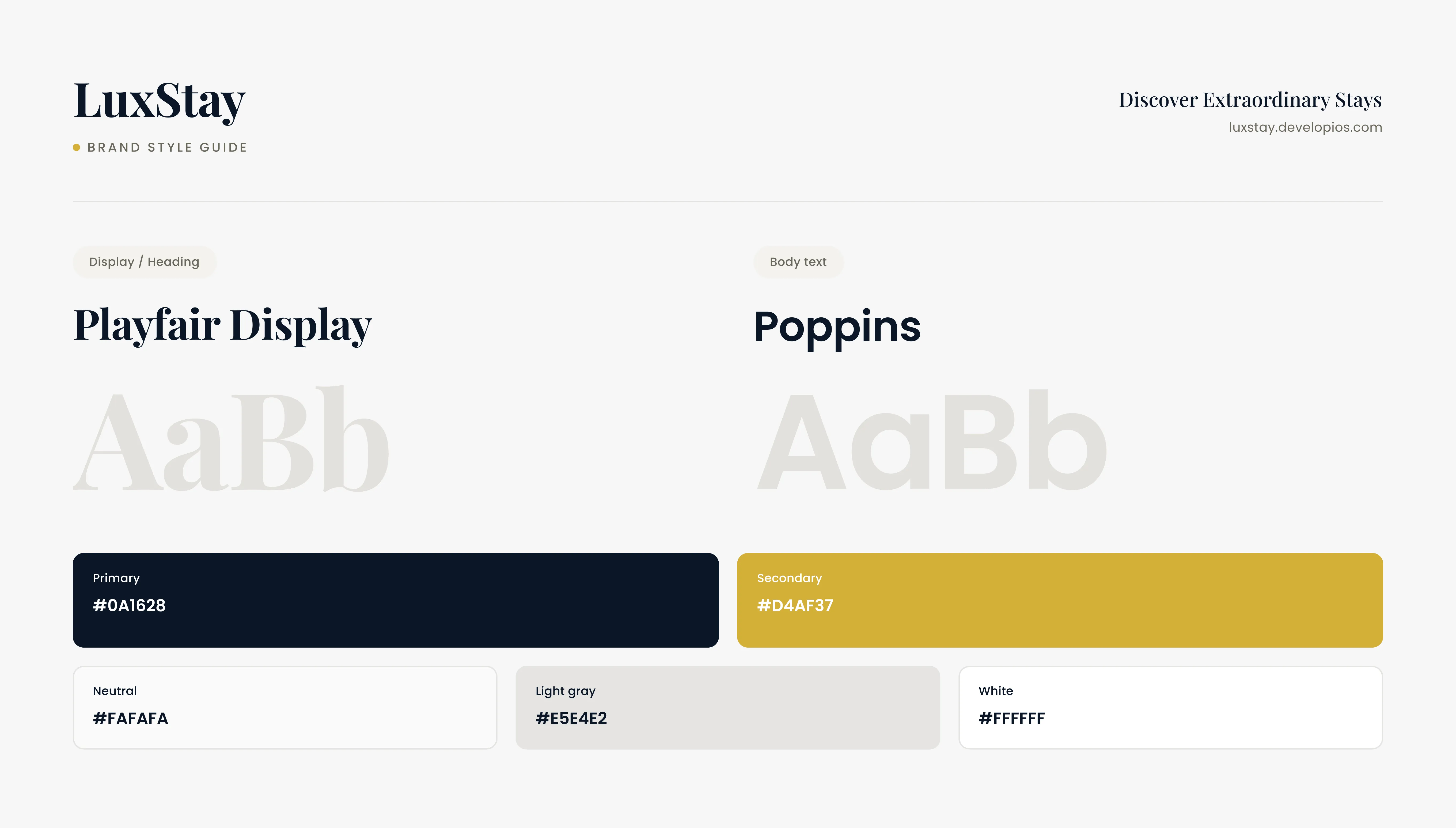 LuxStay brand style guide pairing Playfair Display and Poppins with a navy, gold and warm neutral colour palette