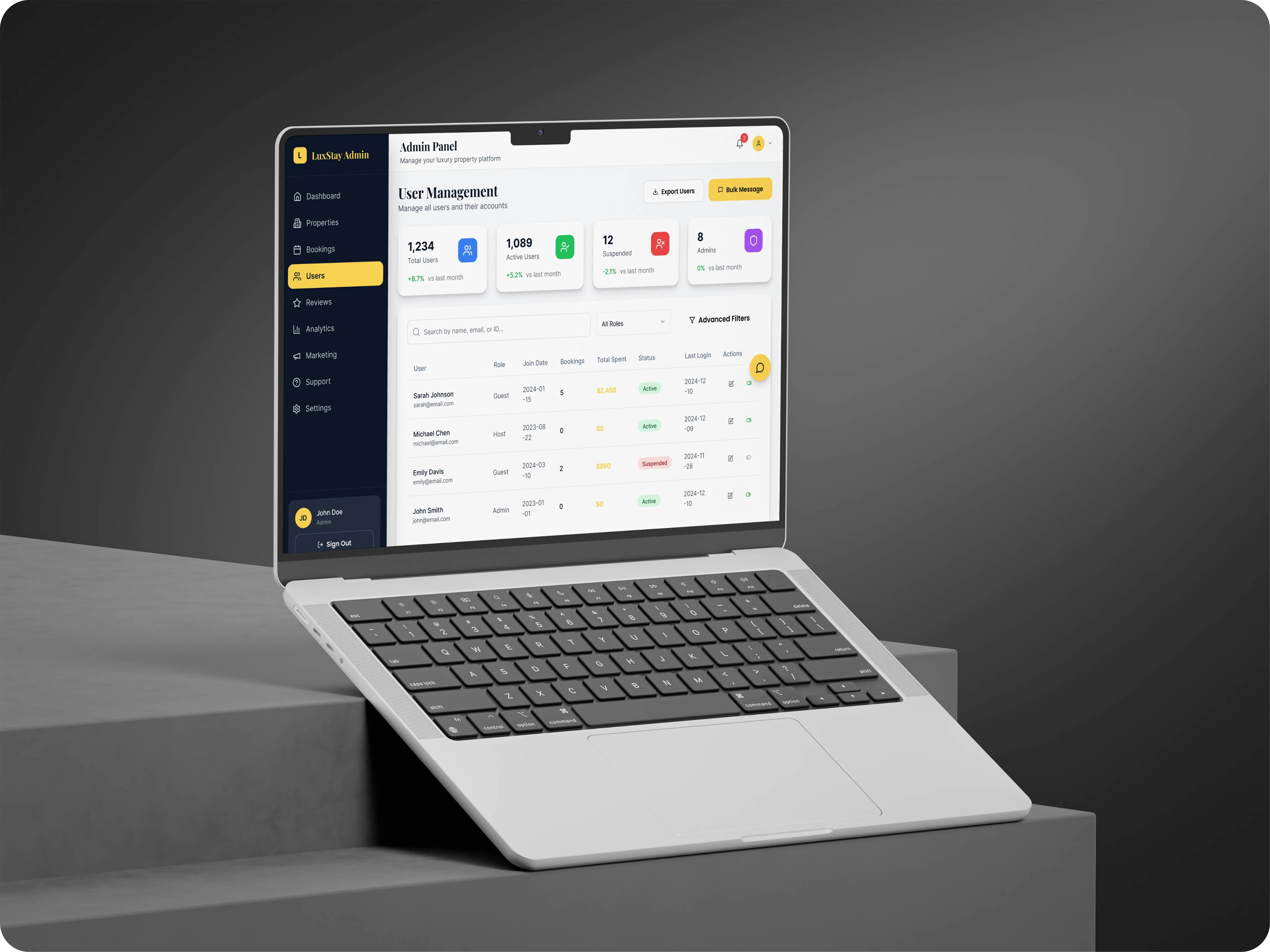 Laptop showing the LuxStay user management screen listing guests, hosts and admins with bookings, spend and account status
