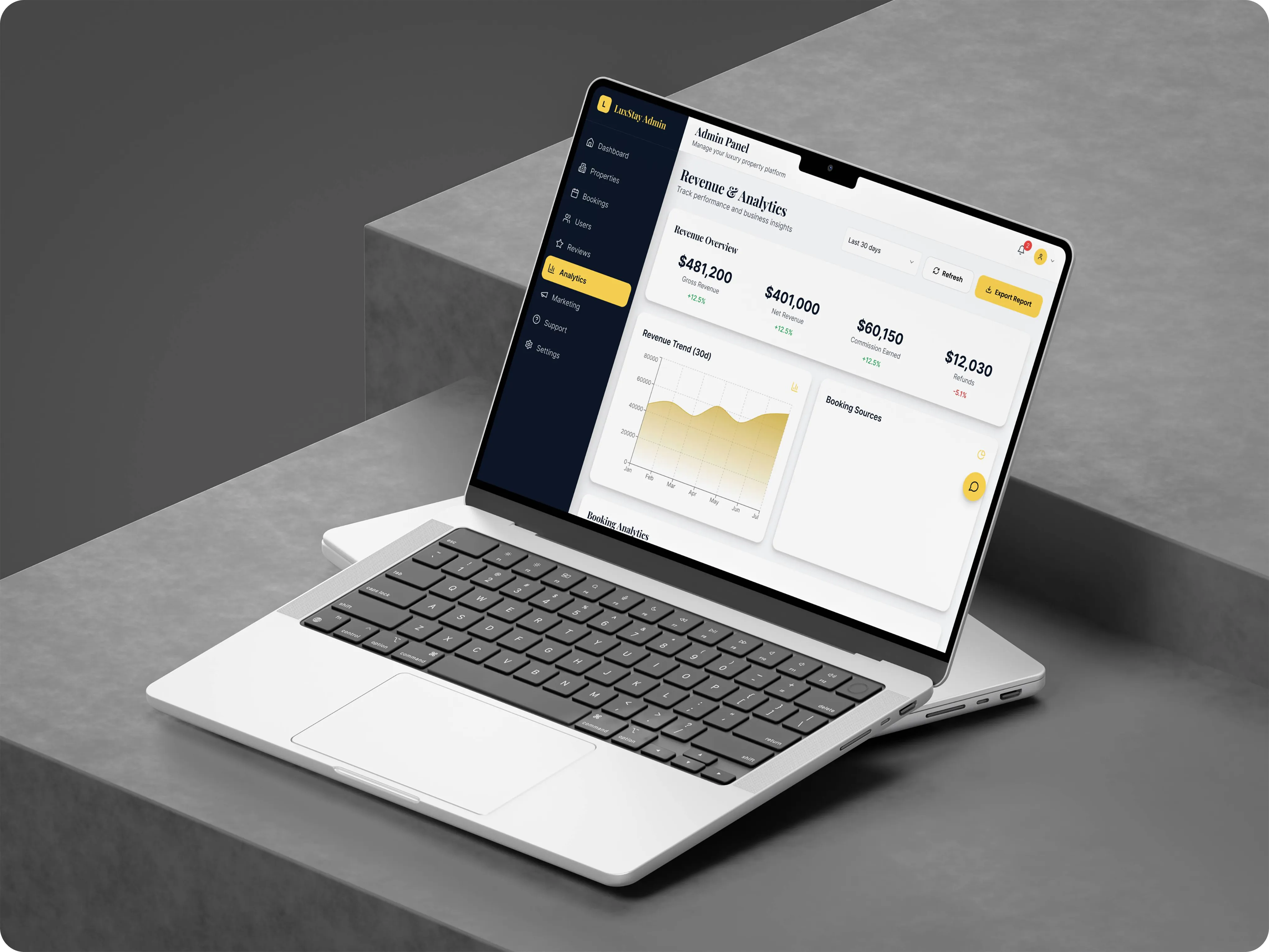 Laptop showing the LuxStay revenue and analytics screen with gross revenue, net revenue, commission, refunds and a 30-day revenue trend