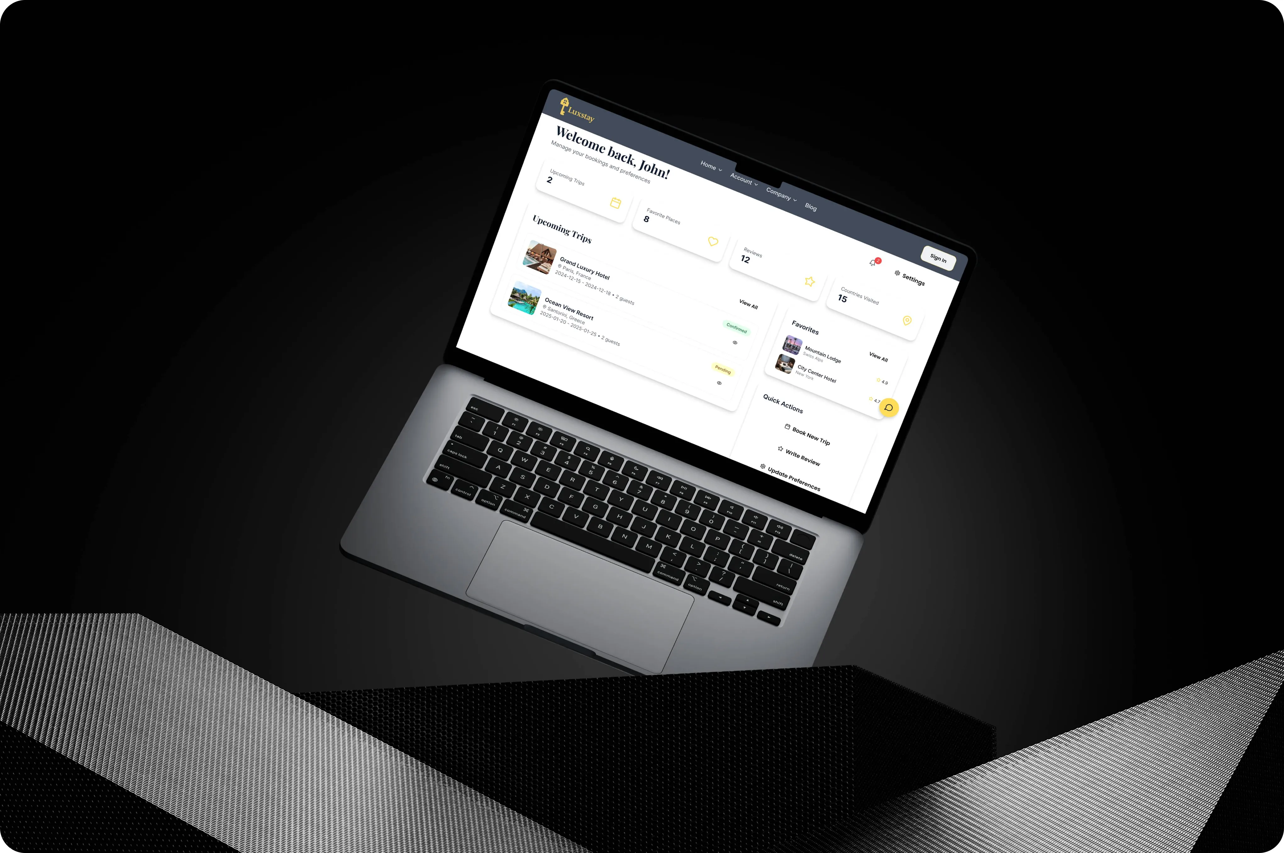 Laptop showing the LuxStay guest account dashboard with upcoming trips, favourite stays and quick actions