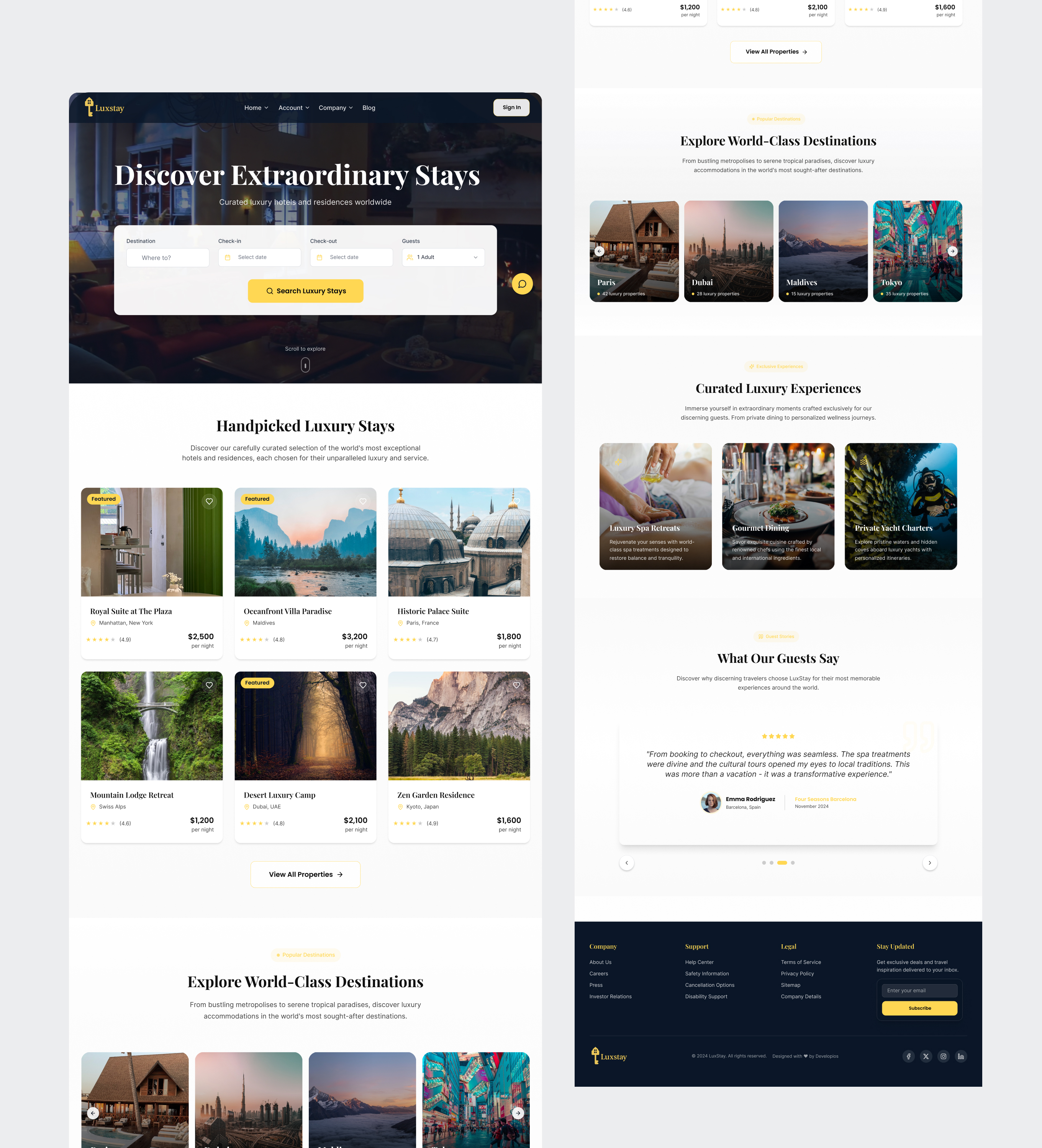 Full LuxStay homepage design with search hero, handpicked luxury stays, world-class destinations, curated experiences, guest reviews and footer