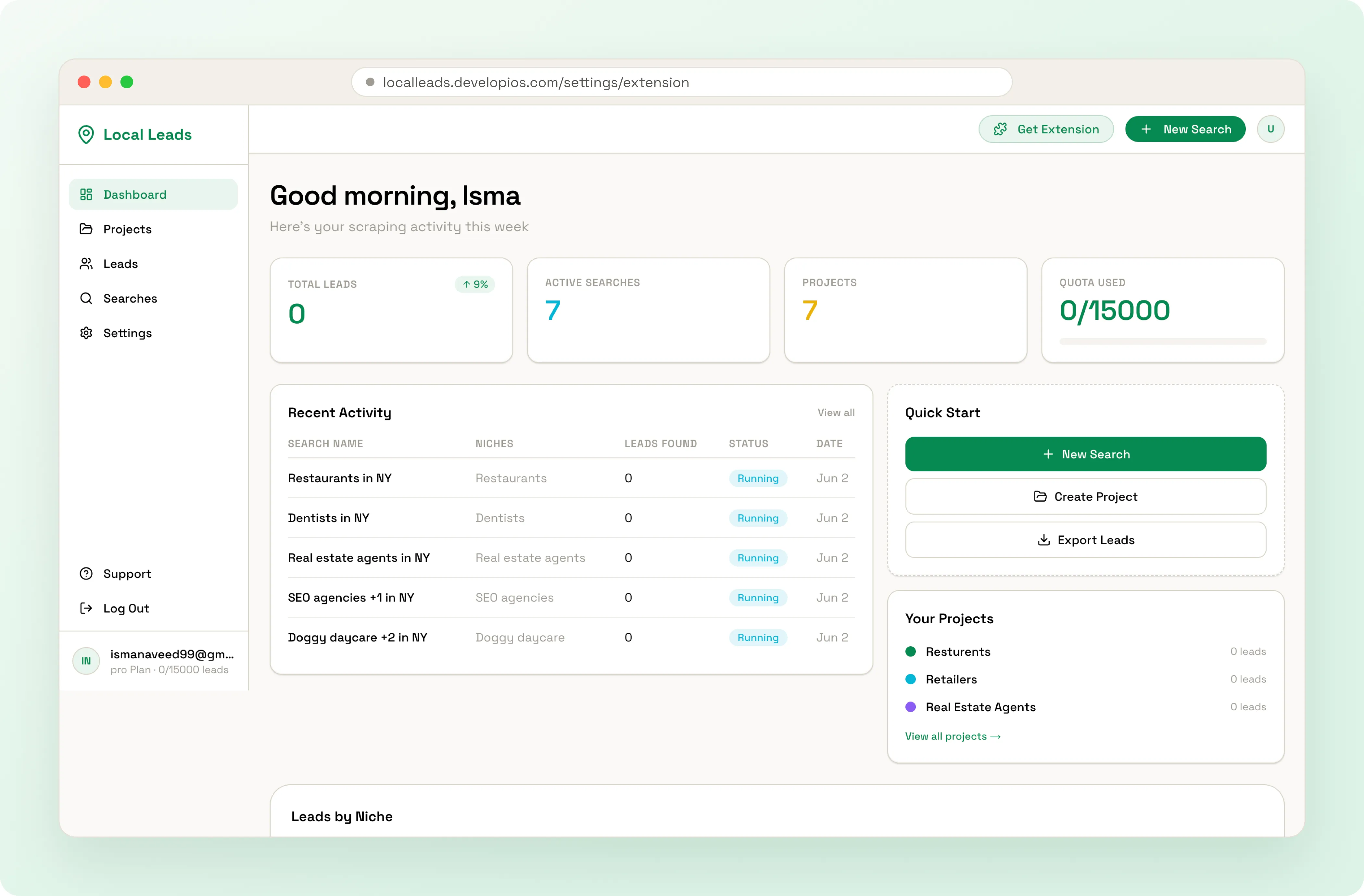 Local Leads web app dashboard in a browser window showing total leads, active searches, projects, lead quota, recent activity and quick start actions