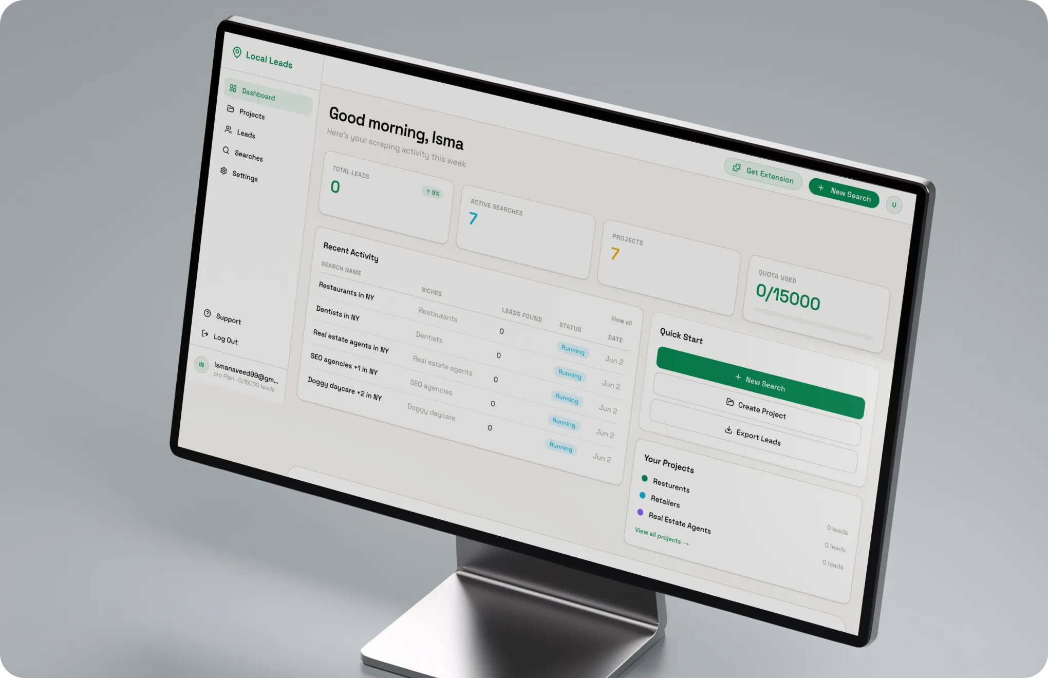 Desktop monitor showing the Local Leads dashboard with scraping activity stats, recent searches and project list