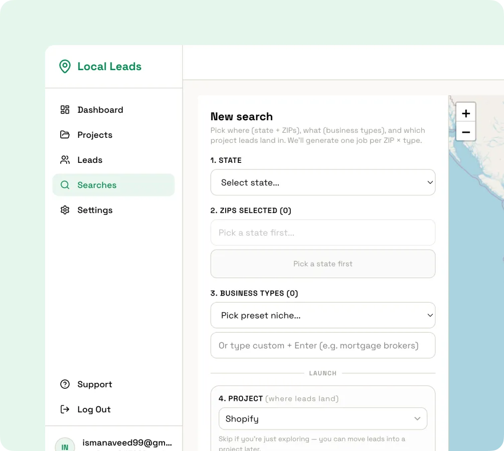 Local Leads new search form for choosing a state, ZIP codes, business types and project beside a map
