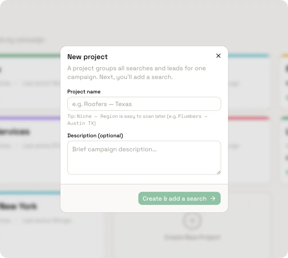 Local Leads new project modal with project name and description fields and a Create and add a search button