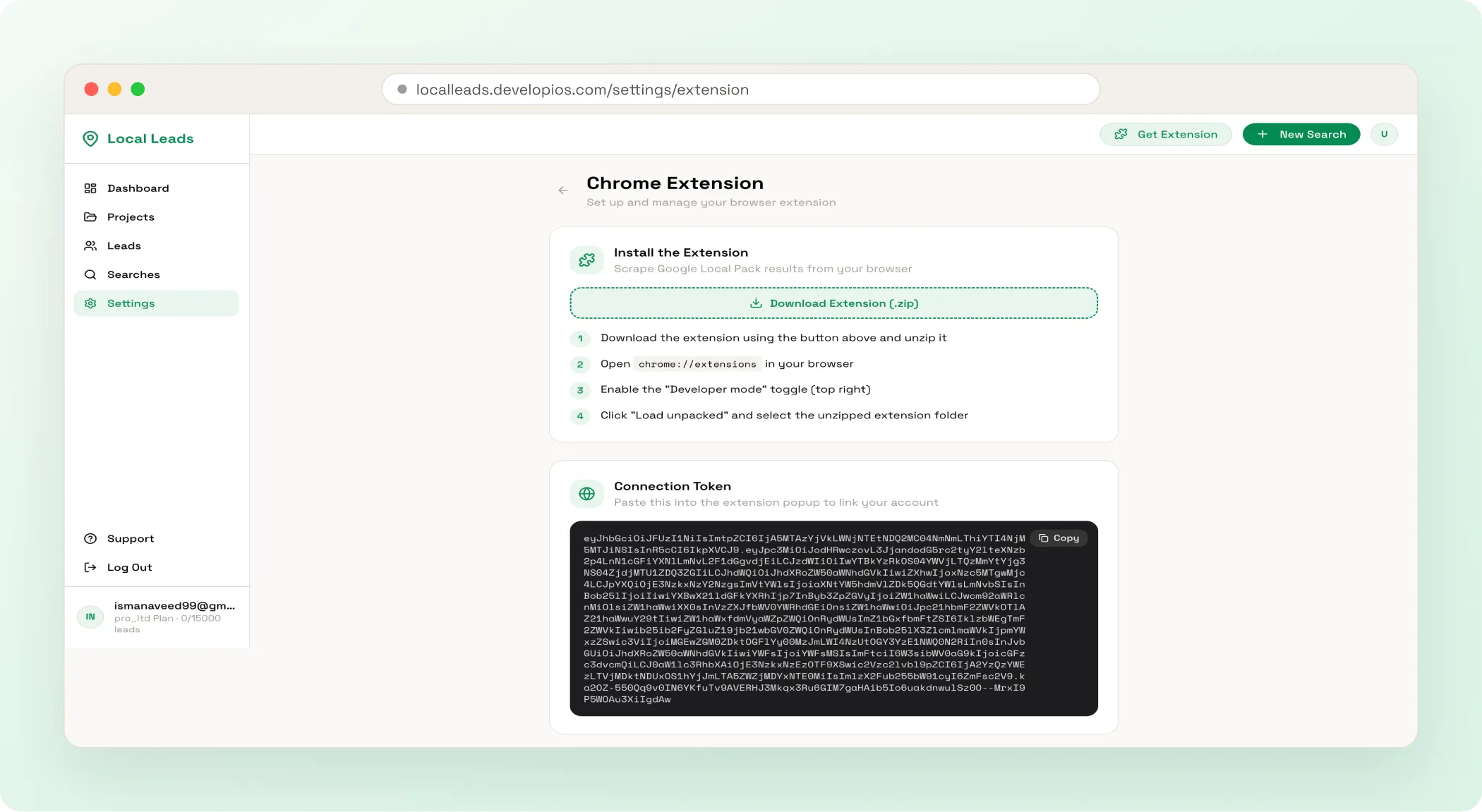 Local Leads Chrome extension settings page with install steps and a connection token for account linking