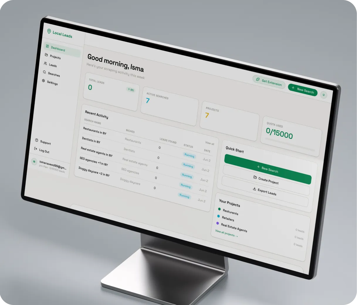 Desktop monitor showing the Local Leads dashboard with total leads, active searches, projects and lead quota
