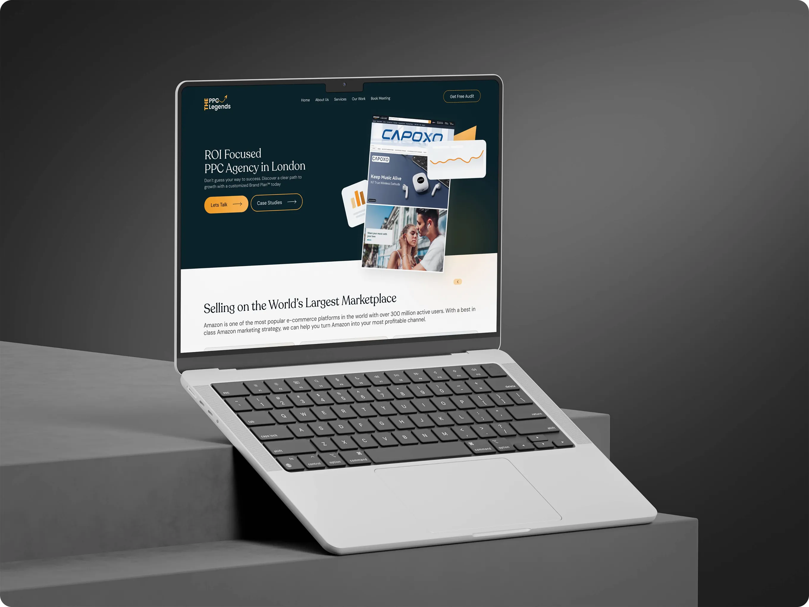 Laptop showing The PPC Legends homepage with the ROI Focused PPC Agency in London headline and an Amazon storefront visual